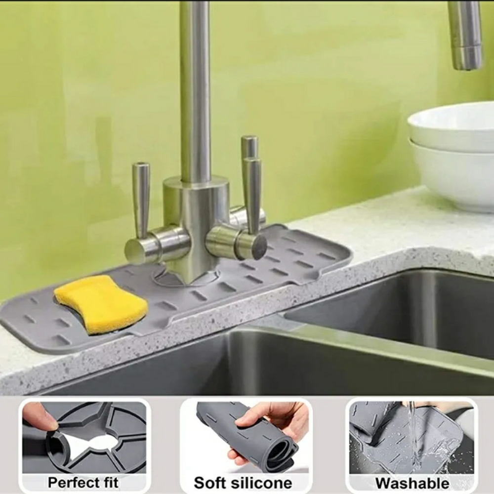 Silicone Sink Faucet Drip Tray Splash Guard Grey - Picture 3 of 4